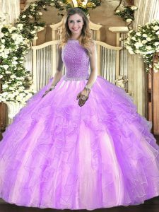 Amazing Lavender Sleeveless Floor Length Beading and Ruffles Lace Up Ball Gown Prom Dress