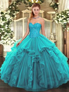 Teal Sweetheart Lace Up Beading and Ruffles Quinceanera Dress Sleeveless