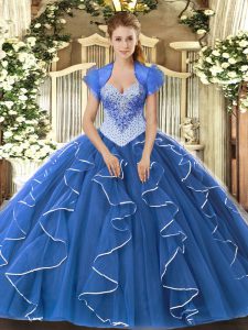 Sweet Blue Sweetheart Neckline Beading 15th Birthday Dress Cap Sleeves Lace Up