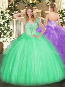 Floor Length Apple Green Vestidos de Quinceanera V-neck Sleeveless Lace Up