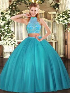 Discount Floor Length Aqua Blue Quinceanera Gown Halter Top Sleeveless Criss Cross