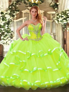 Yellow Green Quinceanera Gowns Sweet 16 and Quinceanera with Beading and Ruffled Layers Sweetheart Sleeveless Lace Up