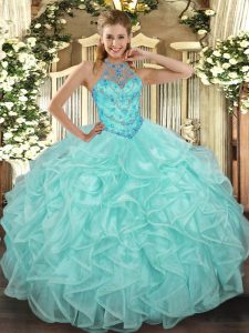 Sleeveless Floor Length Beading and Ruffles Lace Up Quinceanera Dress with Apple Green