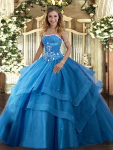 Fashionable Baby Blue Strapless Neckline Beading and Ruffled Layers Sweet 16 Dress Sleeveless Lace Up
