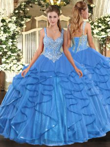 Glorious Baby Blue Straps Lace Up Beading and Ruffles Sweet 16 Dress Sleeveless