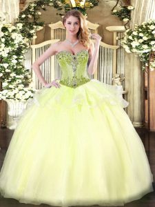 Custom Designed Light Yellow Sweetheart Neckline Beading Sweet 16 Dress Sleeveless Lace Up