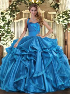 Custom Designed Baby Blue Sleeveless Ruffles Floor Length Quinceanera Dresses