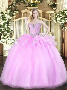 Fitting Floor Length Lace Up 15th Birthday Dress Lilac for Military Ball and Sweet 16 and Quinceanera with Beading