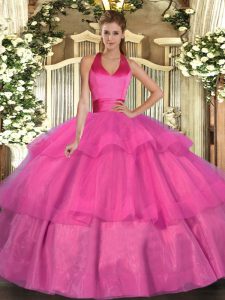 Classical Ruffled Layers Quinceanera Dress Fuchsia Lace Up Sleeveless Floor Length