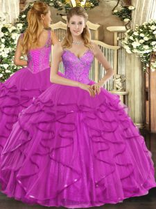Best Selling Tulle V-neck Sleeveless Lace Up Beading and Ruffles Quince Ball Gowns in Fuchsia