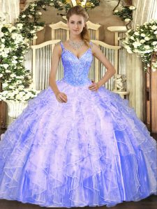 Chic Lavender Lace Up V-neck Beading and Ruffles Quinceanera Gowns Tulle Sleeveless