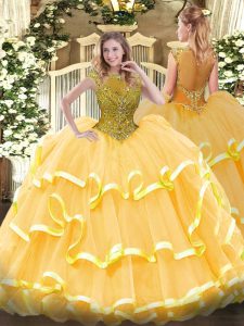 Gold Organza Zipper Sweet 16 Quinceanera Dress Cap Sleeves Floor Length Beading and Ruffled Layers