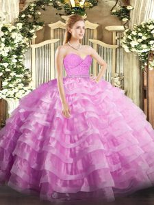 Classical Rose Pink Ball Gowns Beading and Lace and Ruffled Layers 15 Quinceanera Dress Zipper Tulle Sleeveless Floor Length