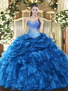 New Arrival Sleeveless Organza Floor Length Lace Up Quinceanera Dresses in Blue with Beading and Ruffles and Pick Ups