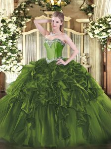 Sleeveless Organza Floor Length Lace Up Quinceanera Dress in Olive Green with Beading and Ruffles