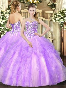 Pretty Lavender Sleeveless Floor Length Beading and Ruffles Lace Up 15th Birthday Dress