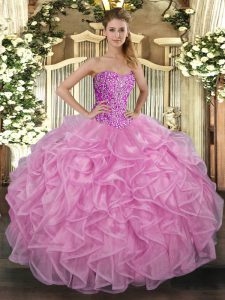 Fantastic Rose Pink Ball Gowns Beading and Ruffles Quince Ball Gowns Lace Up Tulle Sleeveless Floor Length