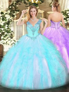 Aqua Blue Sleeveless Floor Length Beading and Ruffles Lace Up 15th Birthday Dress