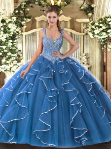 Blue V-neck Neckline Beading and Ruffles Quinceanera Dress Sleeveless Lace Up