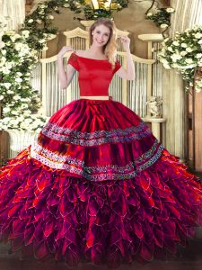 Organza and Taffeta Short Sleeves Floor Length Sweet 16 Quinceanera Dress and Embroidery and Ruffles