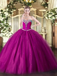 Superior Fuchsia Ball Gowns Sweetheart Sleeveless Tulle Floor Length Lace Up Beading Quince Ball Gowns