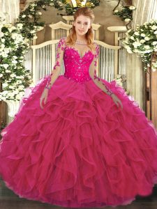 Modern Hot Pink Scoop Lace Up Lace and Ruffles 15 Quinceanera Dress Long Sleeves