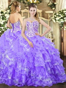 Dazzling Lavender Lace Up Sweetheart Beading and Ruffled Layers Quinceanera Dress Organza Sleeveless