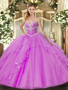 Sleeveless Floor Length Beading and Ruffles Lace Up Quinceanera Gowns with Lilac