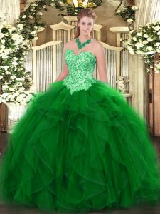 Green Ball Gowns Sweetheart Sleeveless Organza Floor Length Lace Up Appliques and Ruffles Quinceanera Gown
