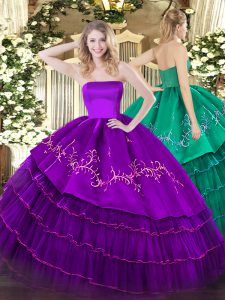 Purple Ball Gowns Embroidery and Ruffled Layers 15 Quinceanera Dress Zipper Organza and Taffeta Sleeveless Floor Length