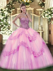 Pink Sleeveless Beading and Appliques and Ruffles Floor Length 15th Birthday Dress