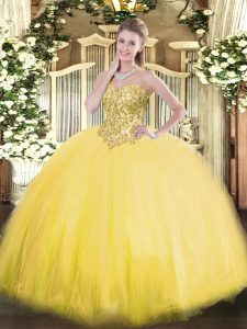 Vintage Gold Sweetheart Lace Up Appliques Sweet 16 Dress Sleeveless