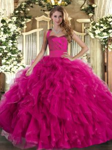 Floor Length Fuchsia Quinceanera Gown Tulle Sleeveless Ruffles