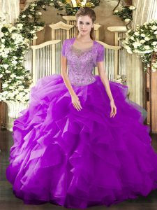 Customized Floor Length Fuchsia Vestidos de Quinceanera Scoop Sleeveless Clasp Handle