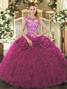 Charming Fuchsia Ball Gowns Beading and Appliques and Ruffles Sweet 16 Dress Lace Up Organza Cap Sleeves Floor Length