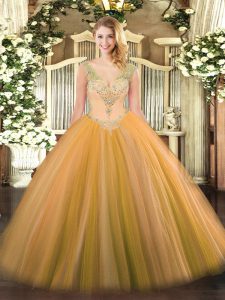 Fine Floor Length Gold Sweet 16 Dresses V-neck Sleeveless Lace Up