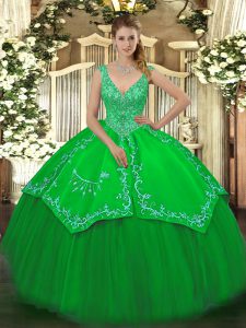 Most Popular Green Taffeta and Tulle Zipper Quince Ball Gowns Sleeveless Floor Length Beading and Embroidery