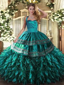 Free and Easy Sleeveless Organza Floor Length Lace Up Quinceanera Gowns in Turquoise with Embroidery and Ruffles