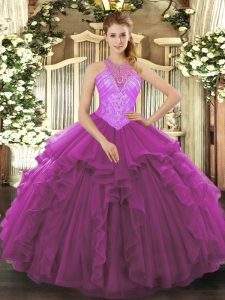 Perfect Fuchsia Lace Up High-neck Beading and Ruffles Quince Ball Gowns Organza Sleeveless