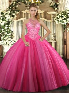 Custom Fit Hot Pink Ball Gowns Beading Quince Ball Gowns Lace Up Tulle Sleeveless Floor Length