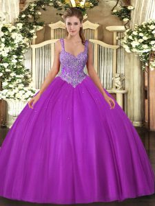 Sophisticated Fuchsia Tulle Lace Up V-neck Sleeveless Floor Length Quince Ball Gowns Beading