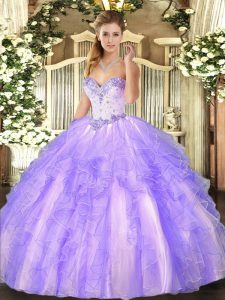 Lavender Ball Gowns Beading and Ruffles Vestidos de Quinceanera Lace Up Tulle Sleeveless Floor Length