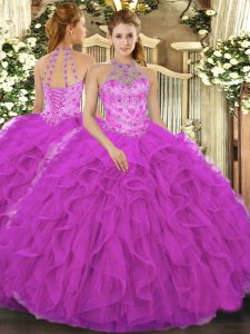 Sleeveless Organza Floor Length Lace Up Vestidos de Quinceanera in Fuchsia with Beading and Embroidery and Ruffles