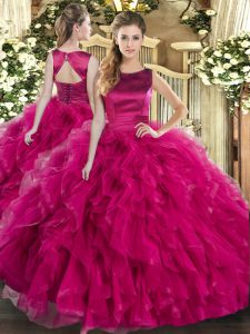 Fuchsia Scoop Lace Up Ruffles Sweet 16 Dresses Sleeveless