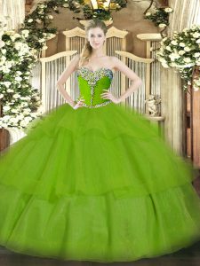 Tulle Lace Up Sweetheart Sleeveless Floor Length Sweet 16 Dress Beading and Ruffled Layers