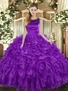 Sophisticated Sleeveless Organza Floor Length Lace Up Quinceanera Dresses in Eggplant Purple with Ruffles