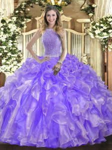 On Sale Sleeveless Organza Floor Length Lace Up Ball Gown Prom Dress in Lavender with Beading and Ruffles