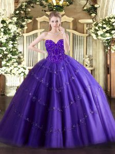 High End Purple Sleeveless Floor Length Appliques Lace Up Quinceanera Gown