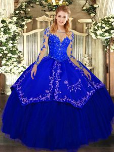 Scoop Long Sleeves Organza and Taffeta Quinceanera Gowns Lace and Embroidery Lace Up