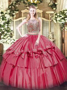 Scoop Sleeveless Quinceanera Dress Floor Length Beading and Ruffled Layers Coral Red Organza and Taffeta